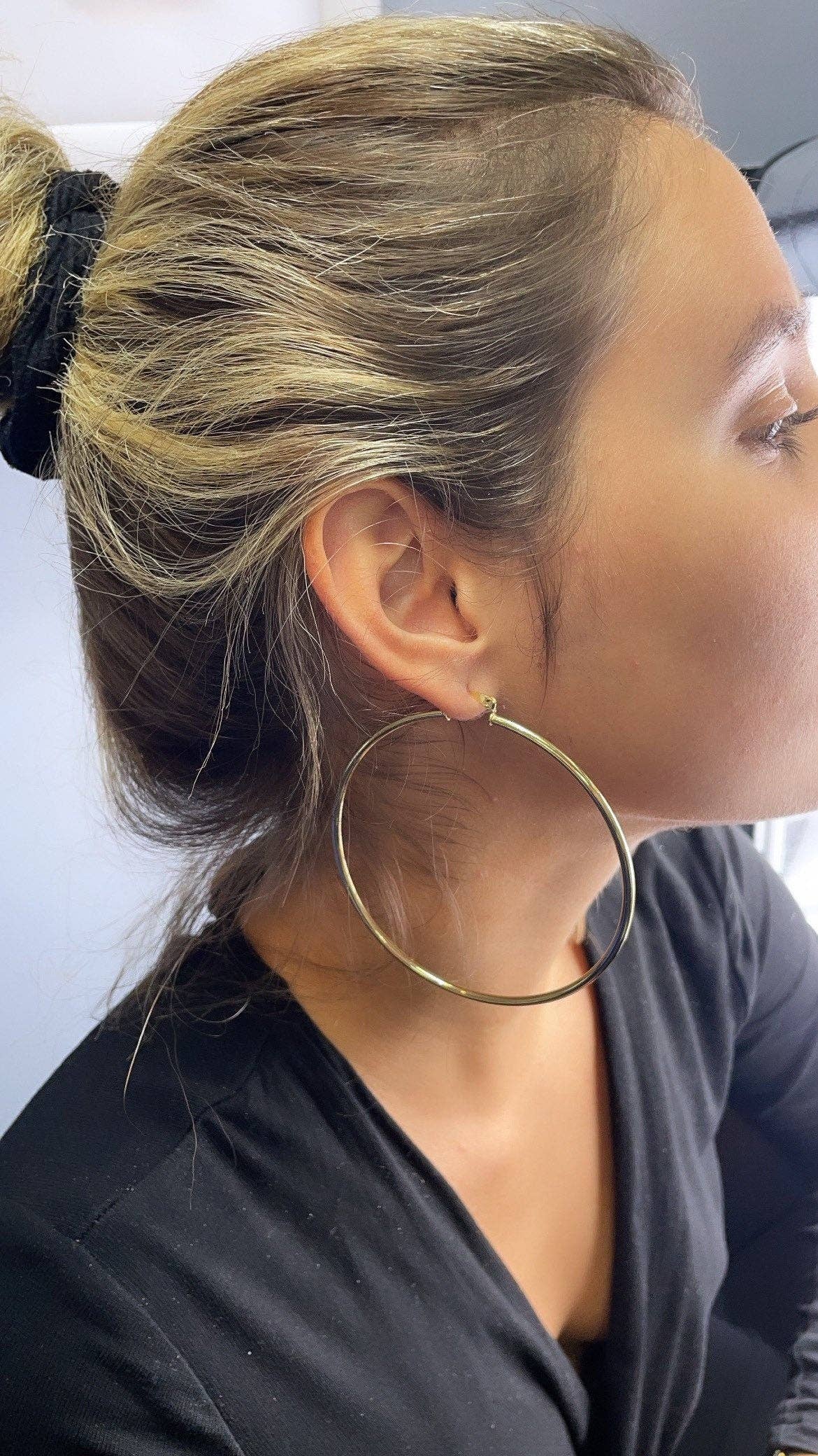 80mm Diameter 18k Gold Filled Thin Thread Hoop Earrings, Large Gold Plain
