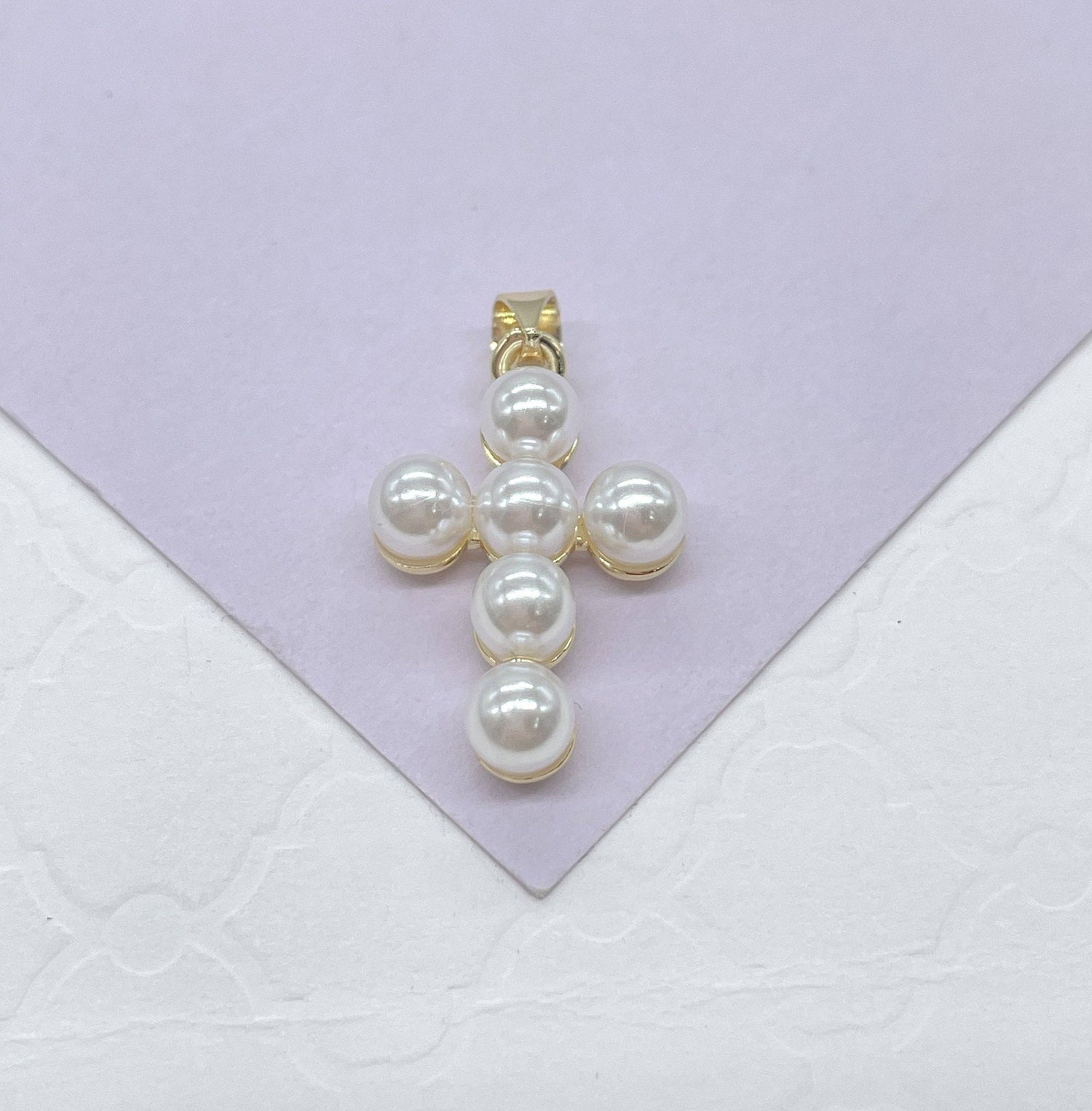 18k Gold Filled Beaded Faux Pearl Cross, Available In 2 Sizes: 3mm Pearl Cross