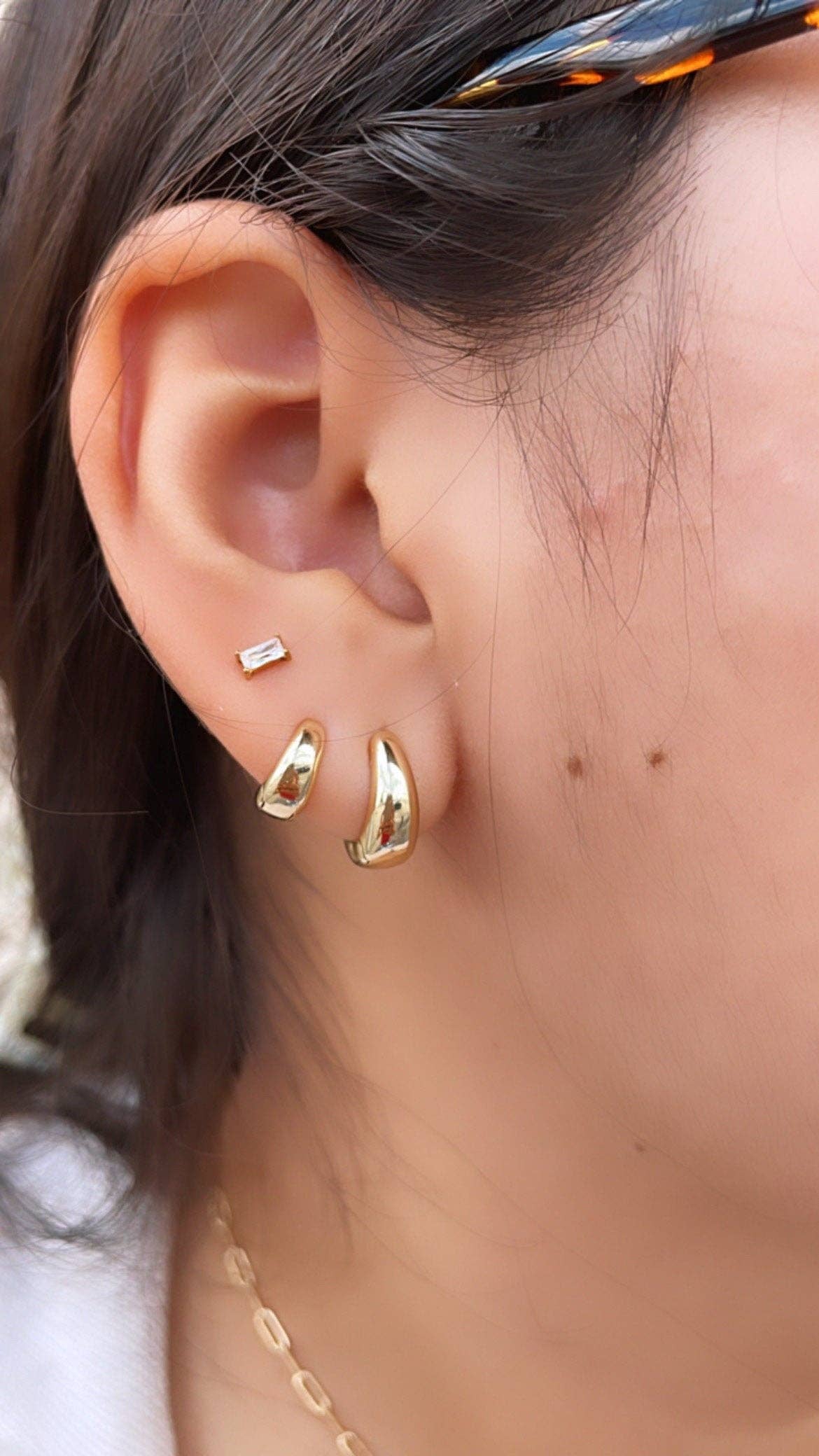 18k Gold Filled Tear Drop Huggie Clicker Earrings: 13mm