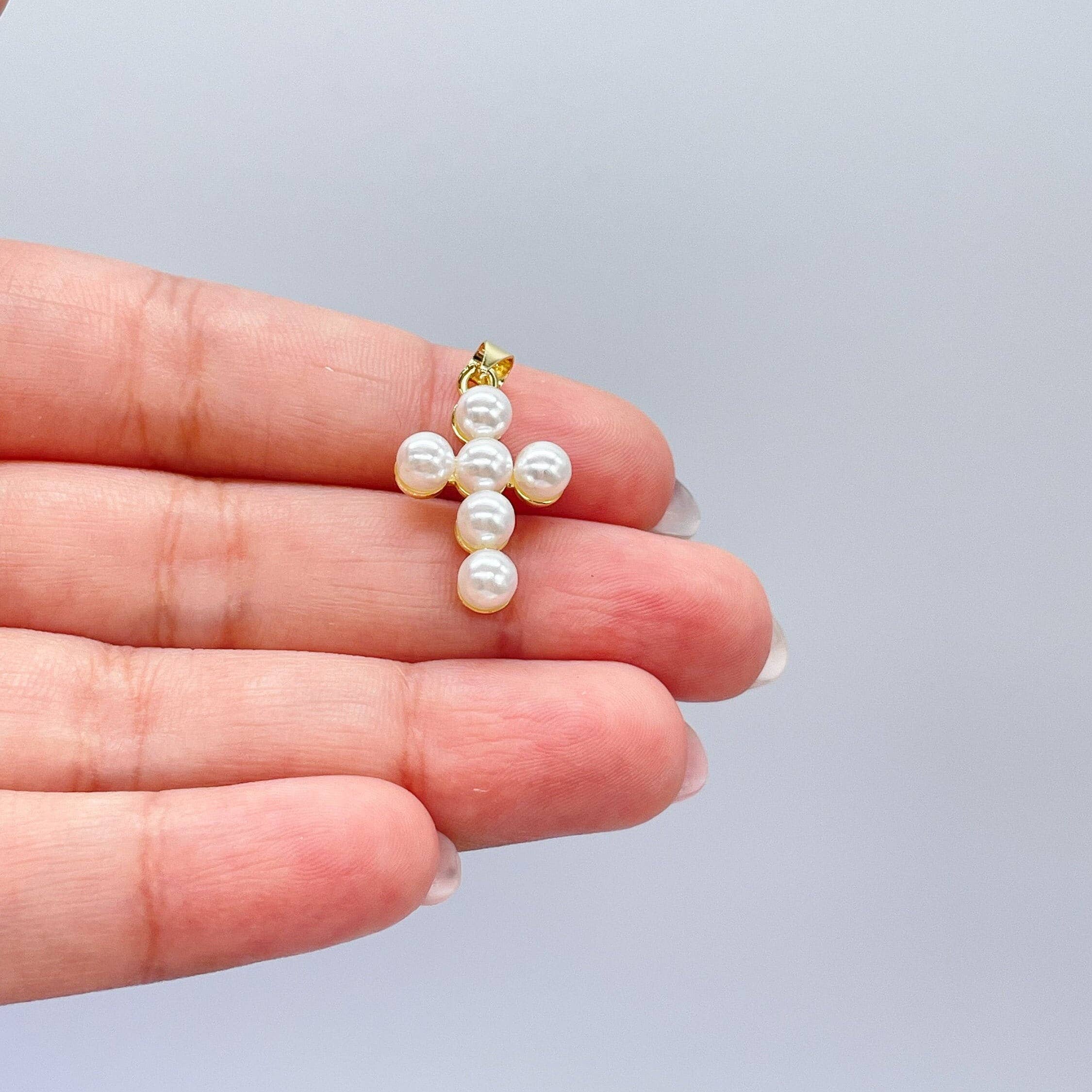 18k Gold Filled Beaded Faux Pearl Cross, Available In 2 Sizes: 3mm Pearl Cross