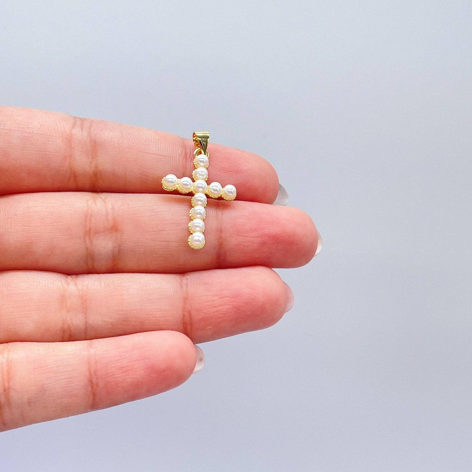 18k Gold Filled Beaded Faux Pearl Cross, Available In 2 Sizes: 3mm Pearl Cross