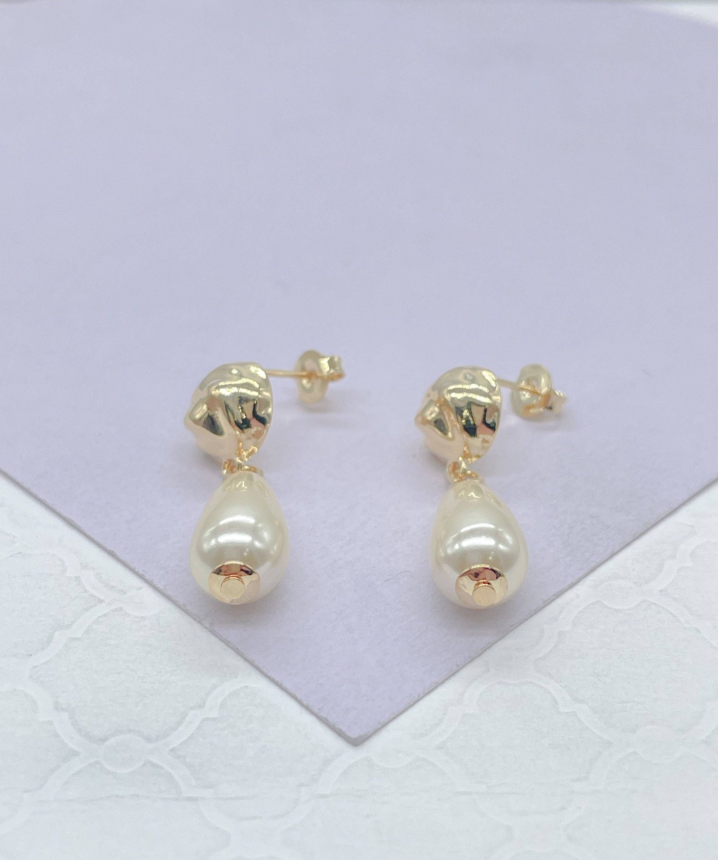 18k Gold Filled Smooth Tear Drop Shapped Pearl Dangle Hoop E