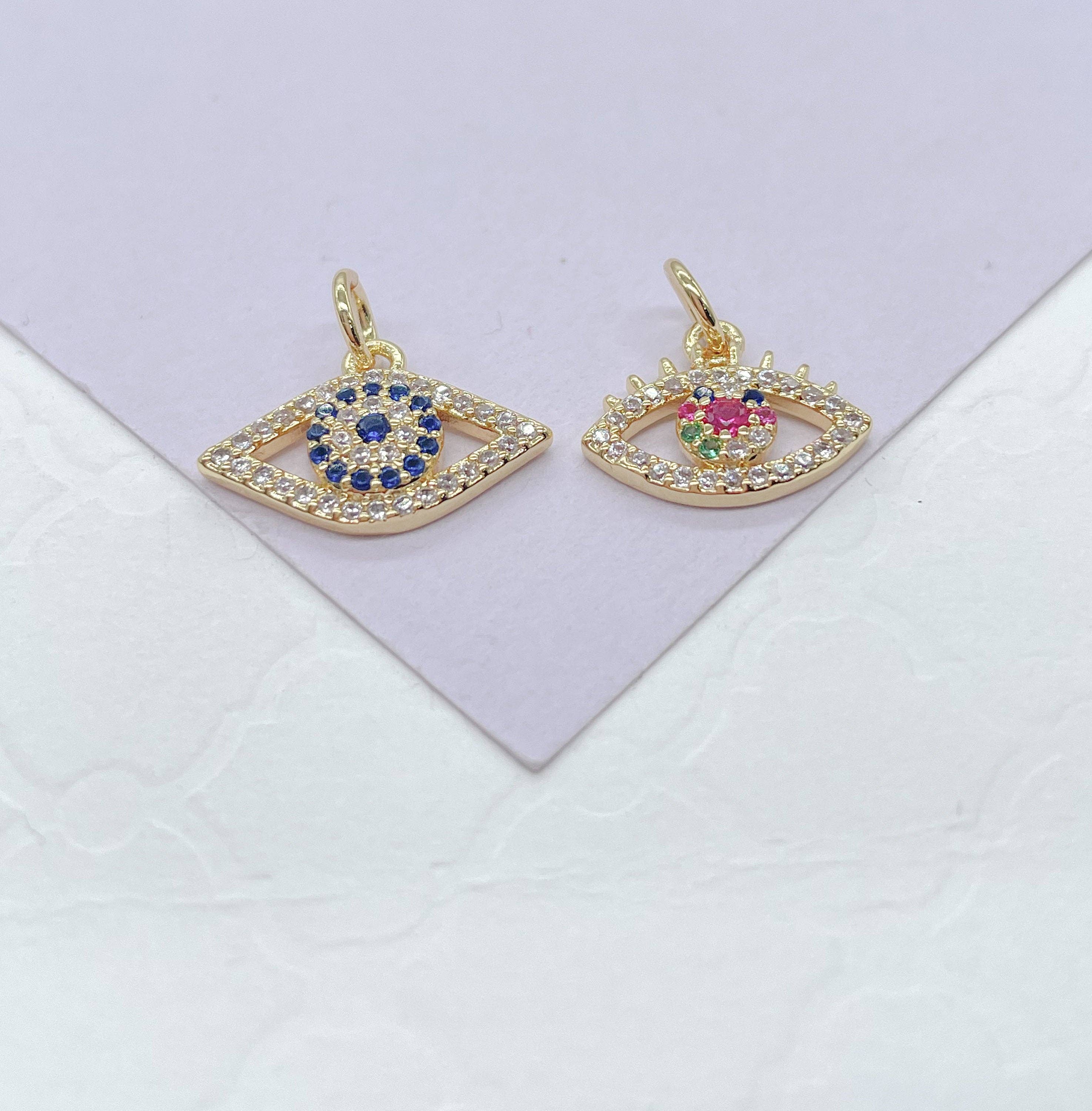 18k Gold Filled Dainty Mini CZ Evil Eye Charm, Available in 2 Styles: Classic Blue Eye