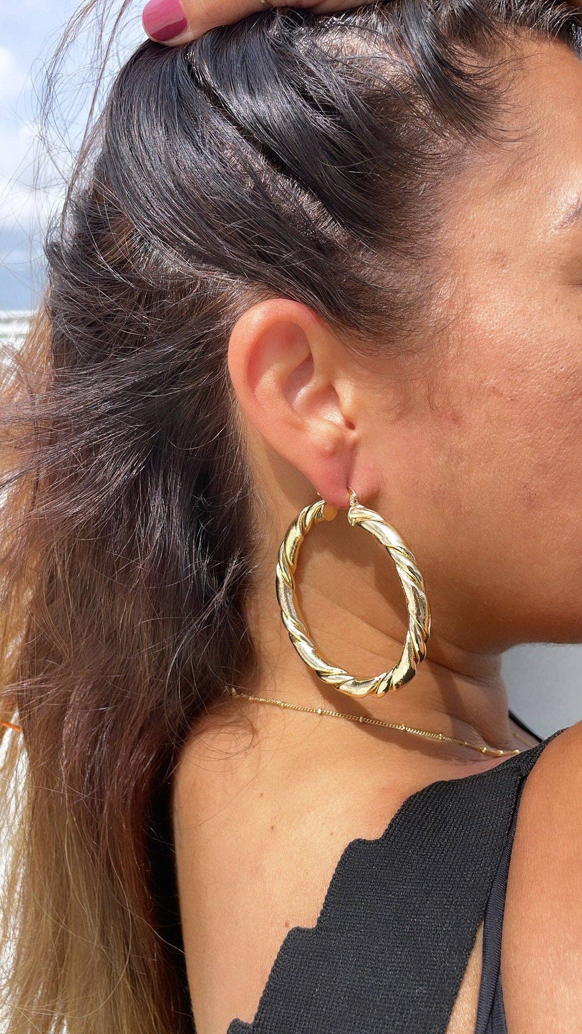 18k Gold Filled Chunky Croissant Hoop Earrings: 40mm Hoop
