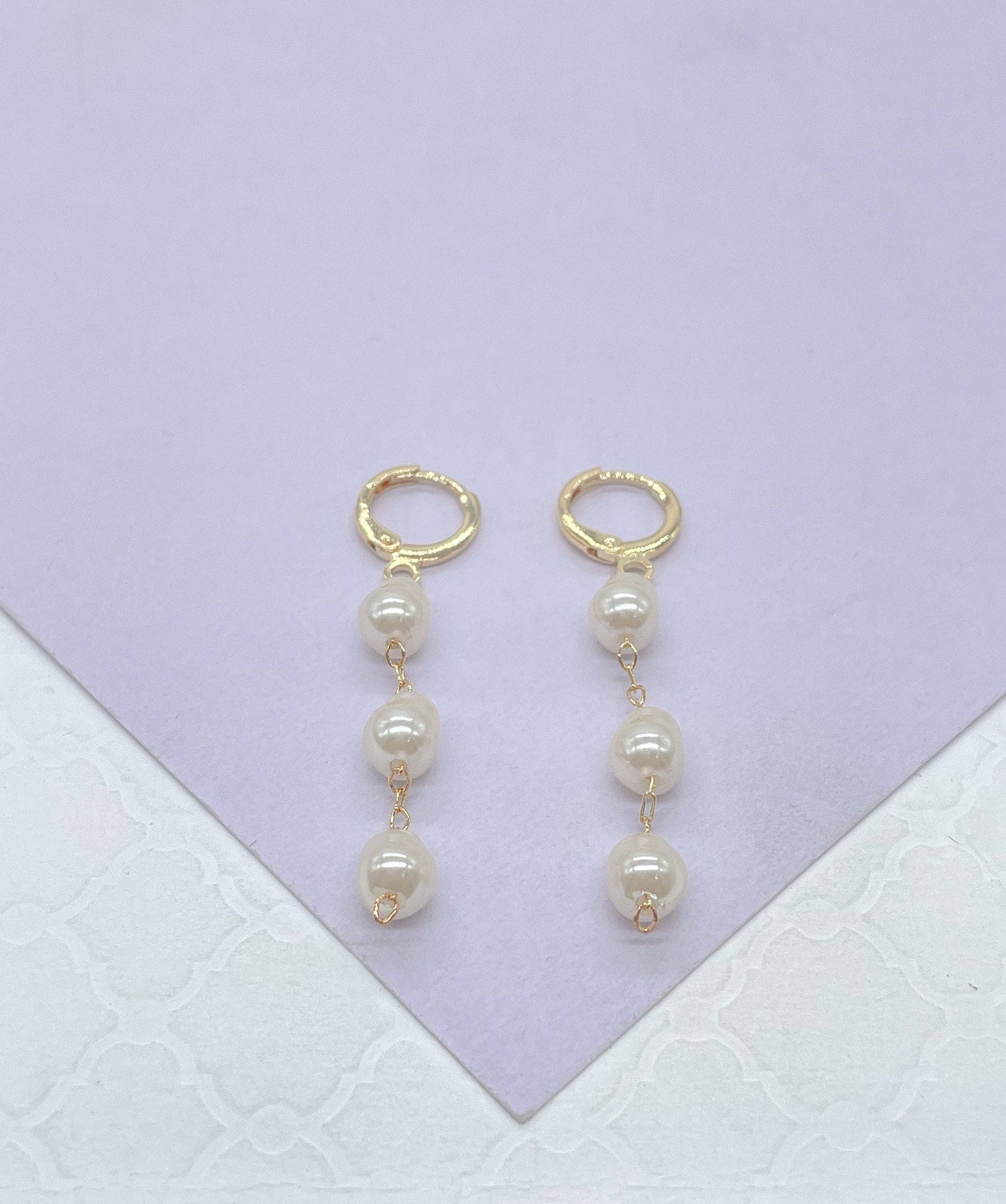 18k Gold Filled Dainty Hoops With 3 Small Faux Pearl Charms,