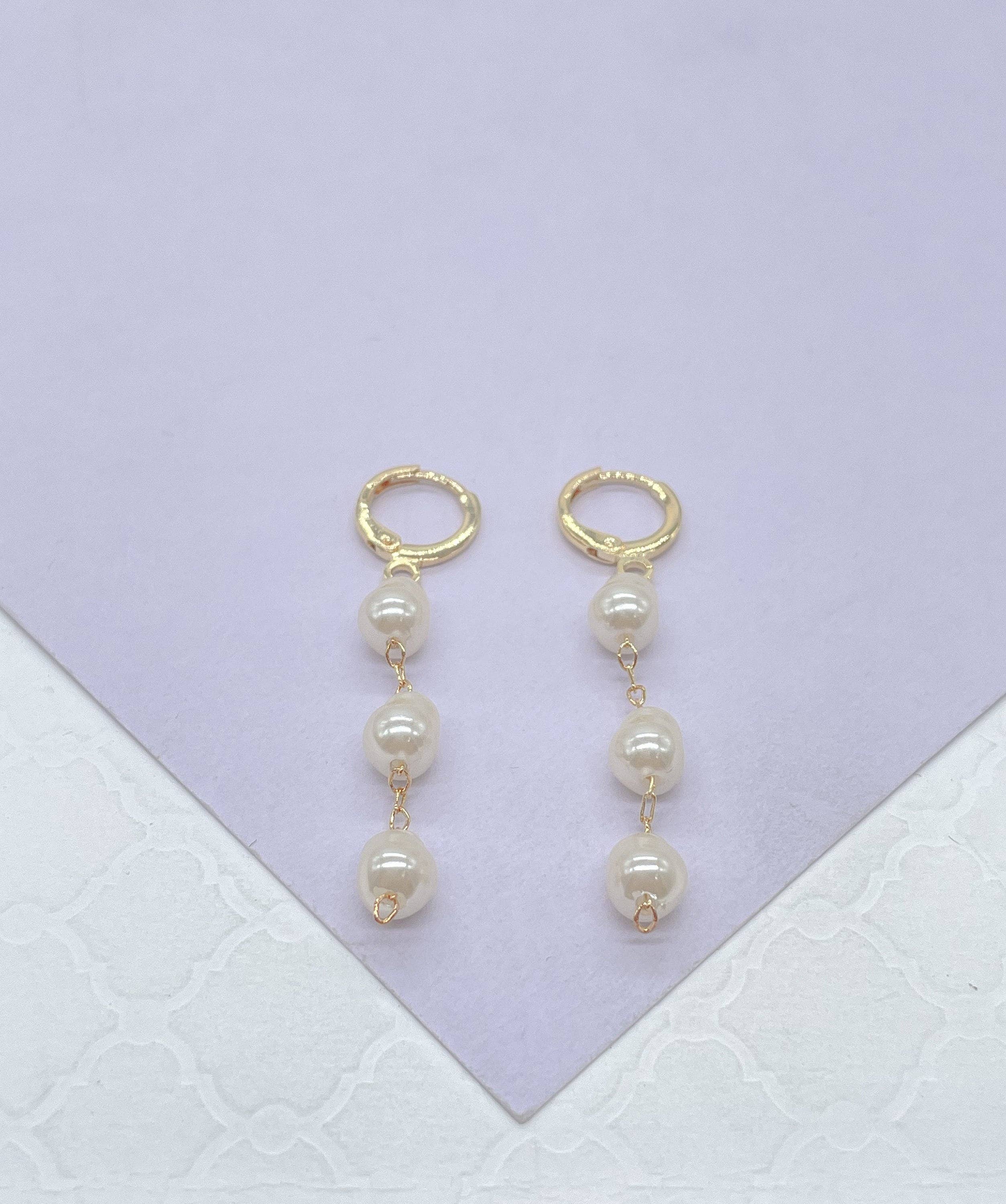 18k Gold Filled Dainty Hoops With 3 Small Faux Pearl Charms,