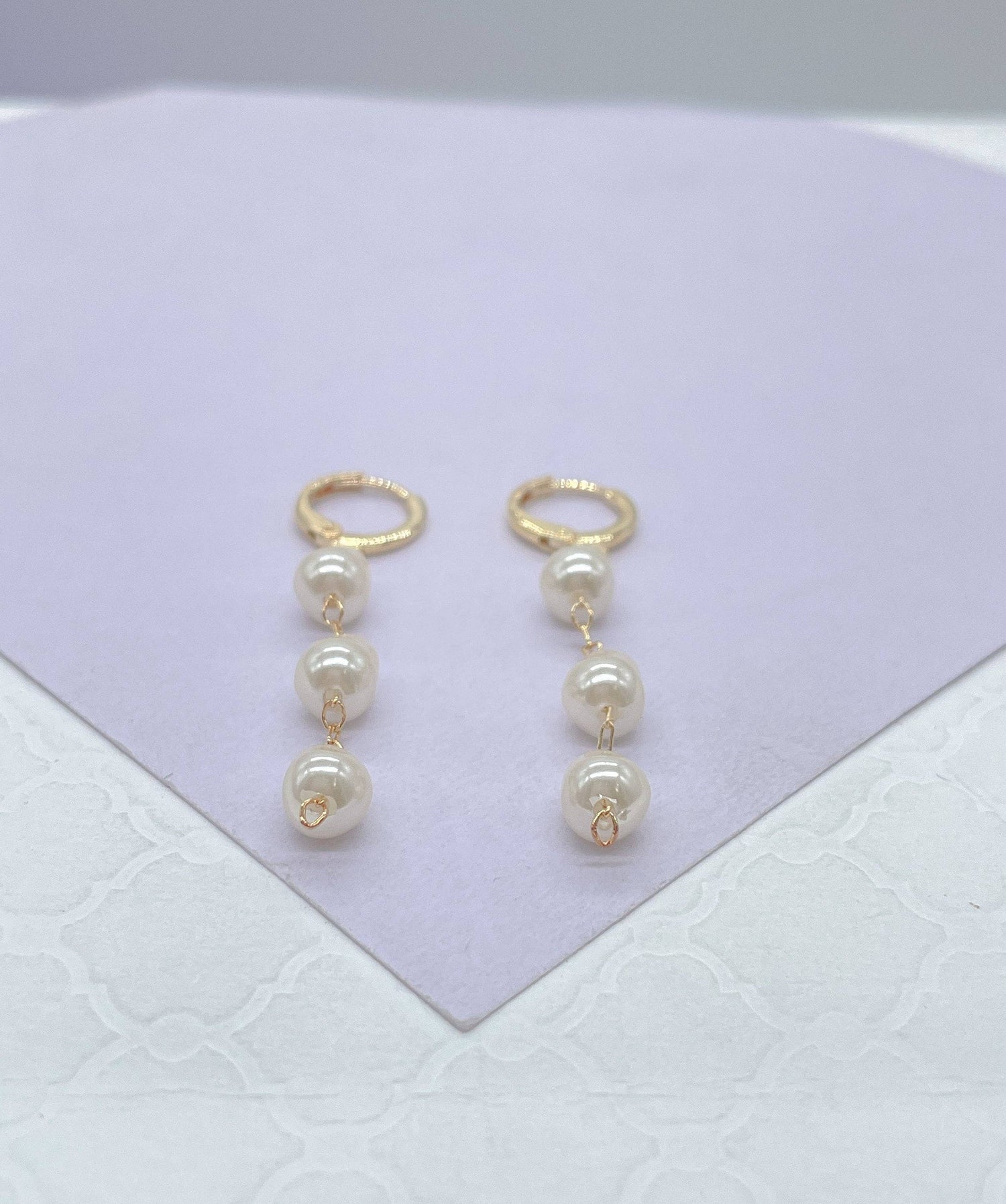 18k Gold Filled Dainty Hoops With 3 Small Faux Pearl Charms,