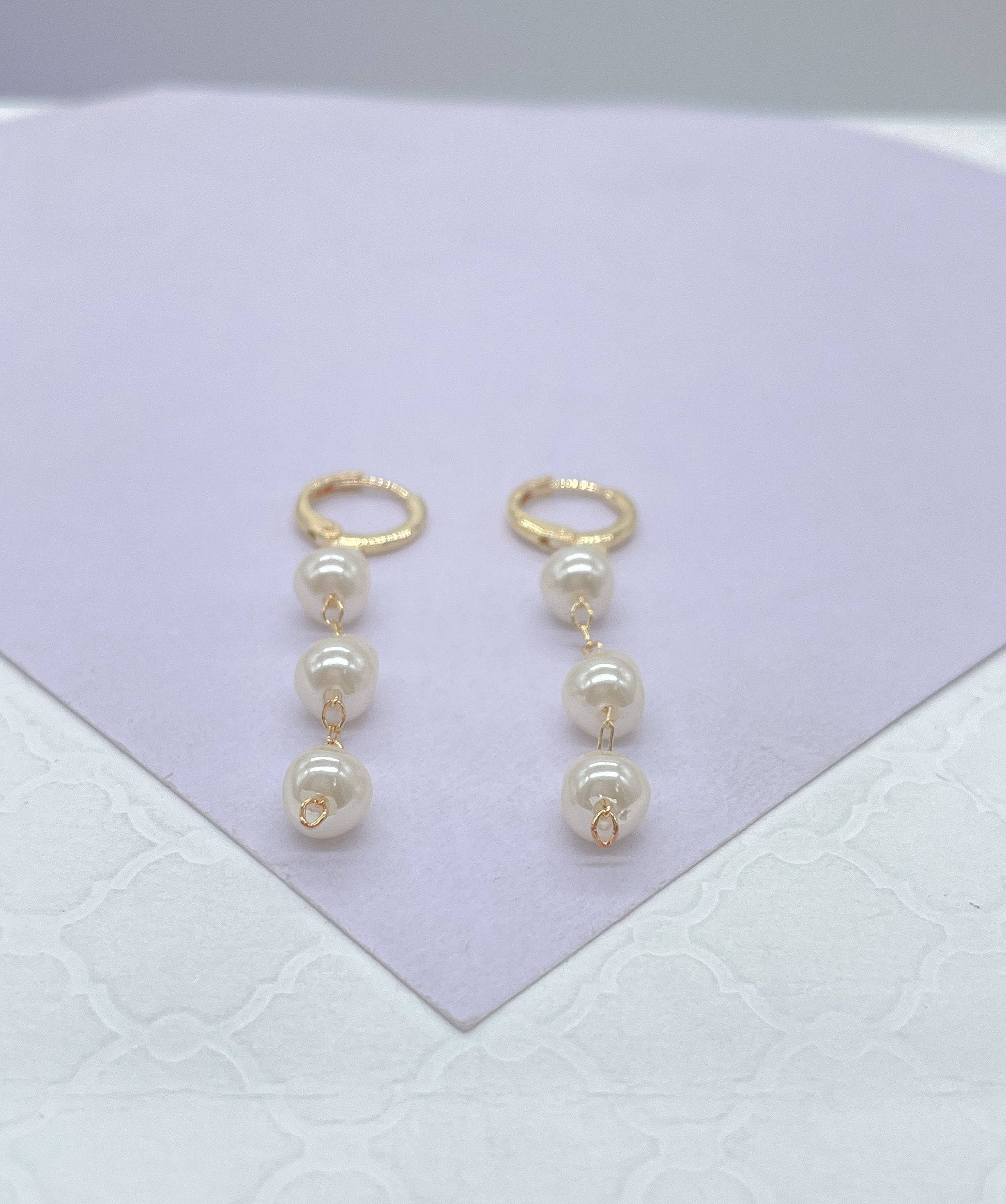 18k Gold Filled Dainty Hoops With 3 Small Faux Pearl Charms,