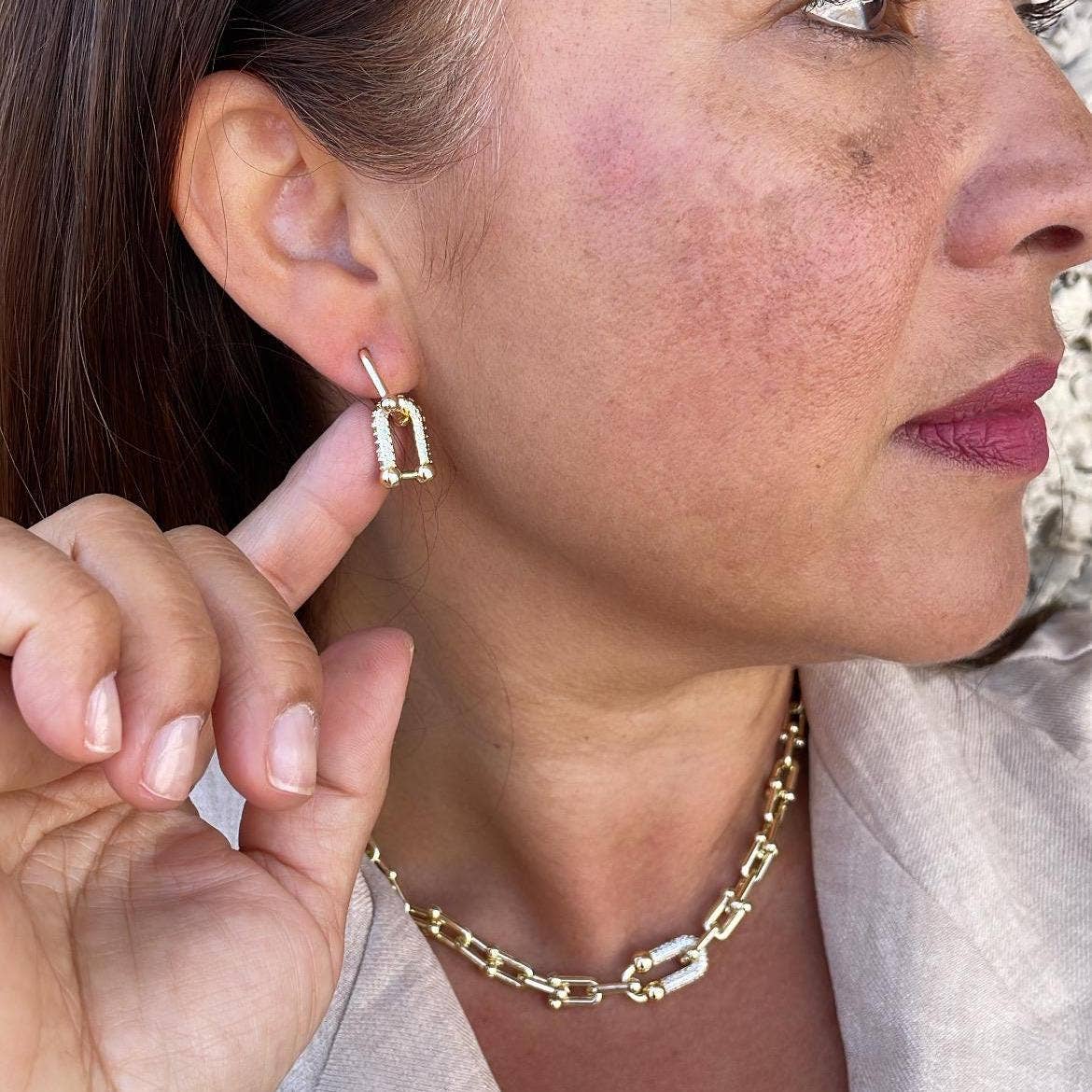 18k Gold Filled Bone With Cz Pave Necklace and Bracelet: Necklace