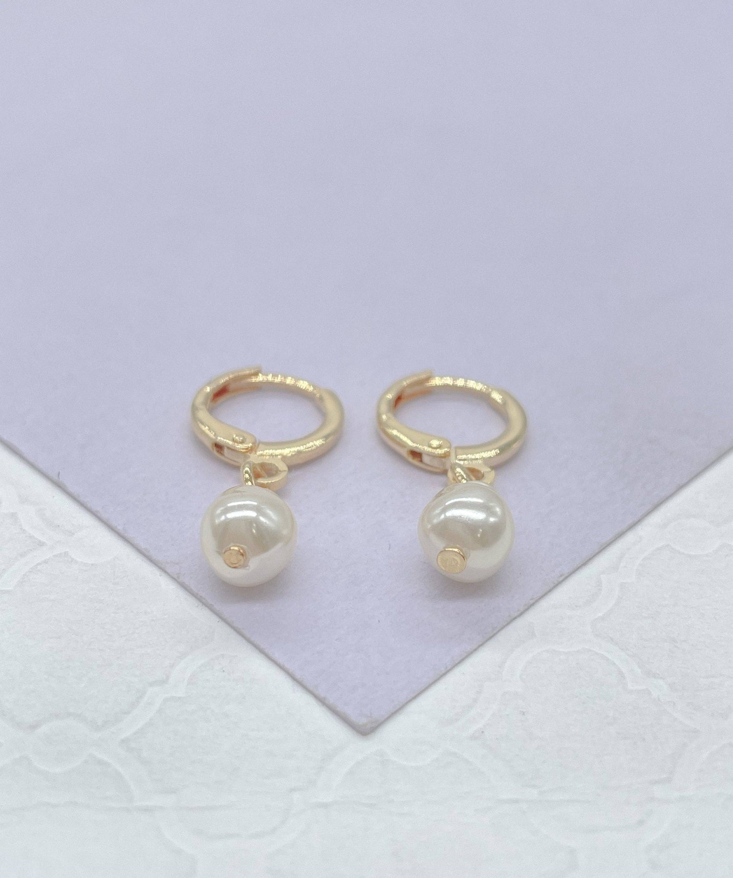 18k Gold Filled Dainty Dangling Hoop With Small Pearl Charm