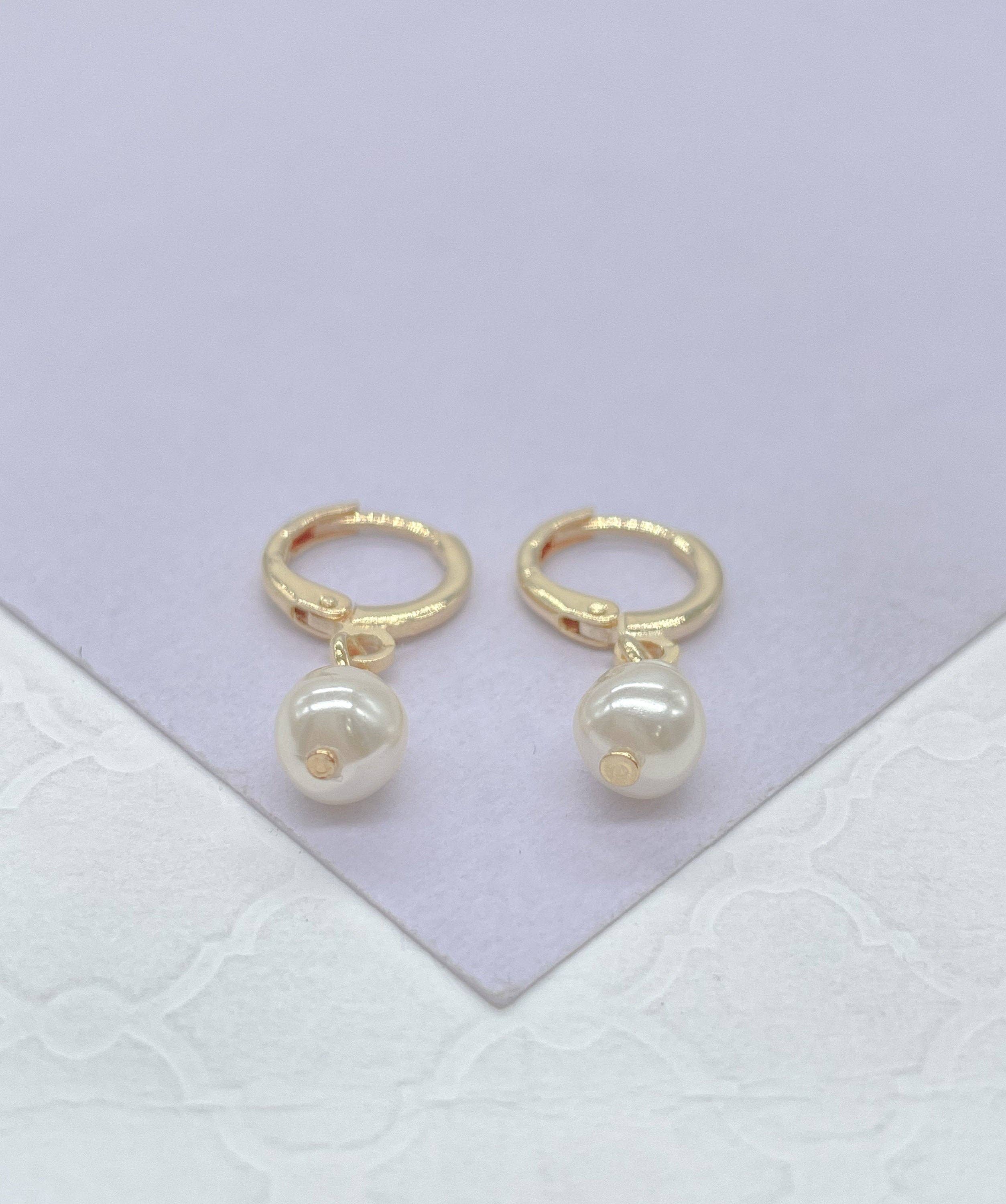 18k Gold Filled Dainty Dangling Hoop With Small Pearl Charm