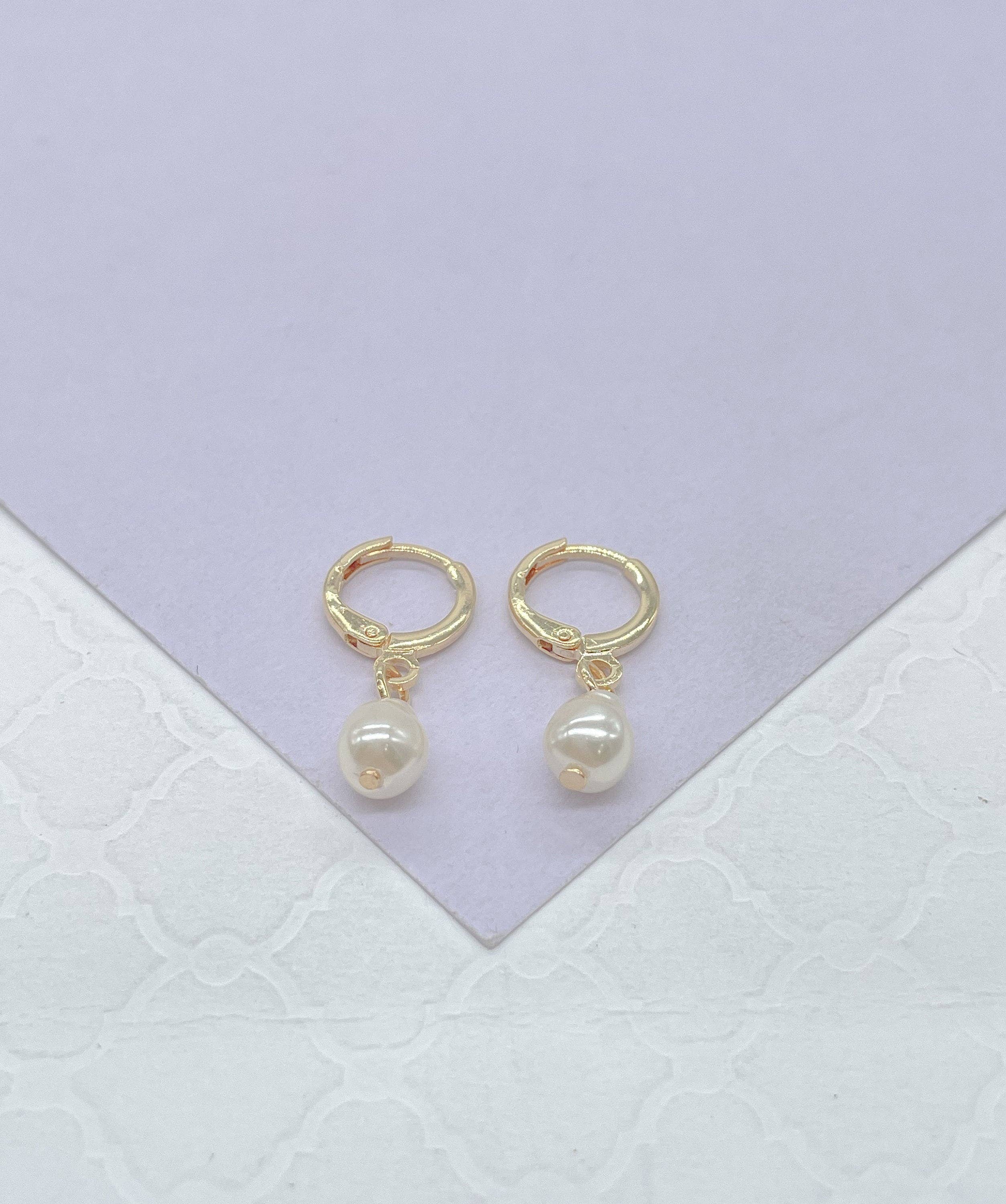 18k Gold Filled Dainty Dangling Hoop With Small Pearl Charm