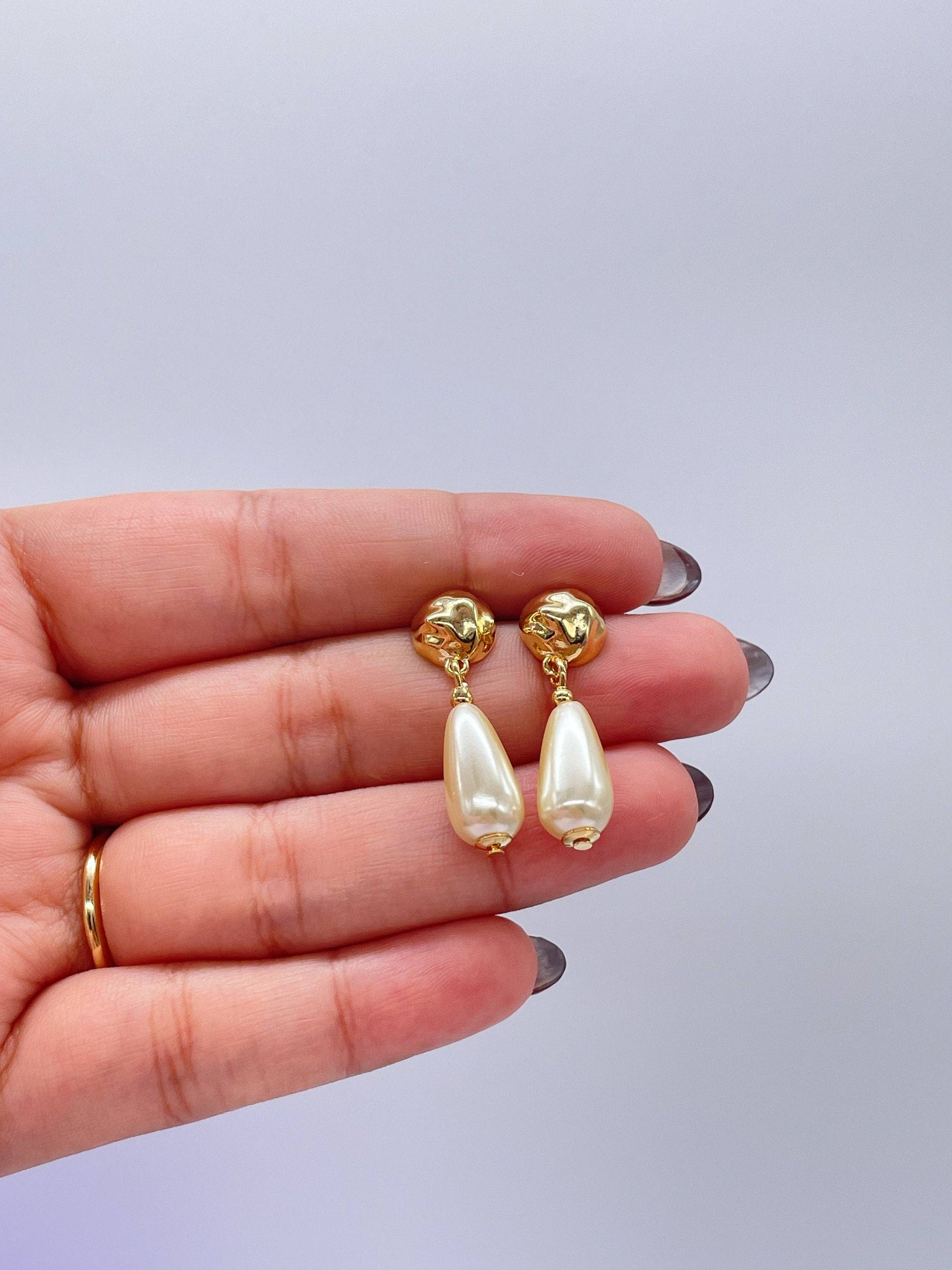 18k Gold Filled Smooth Tear Drop Shapped Pearl Dangle Hoop E