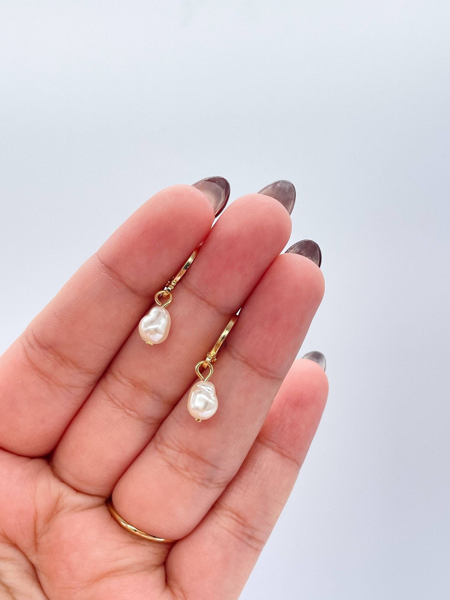 18k Gold Filled Dainty Dangling Hoop With Small Pearl Charm
