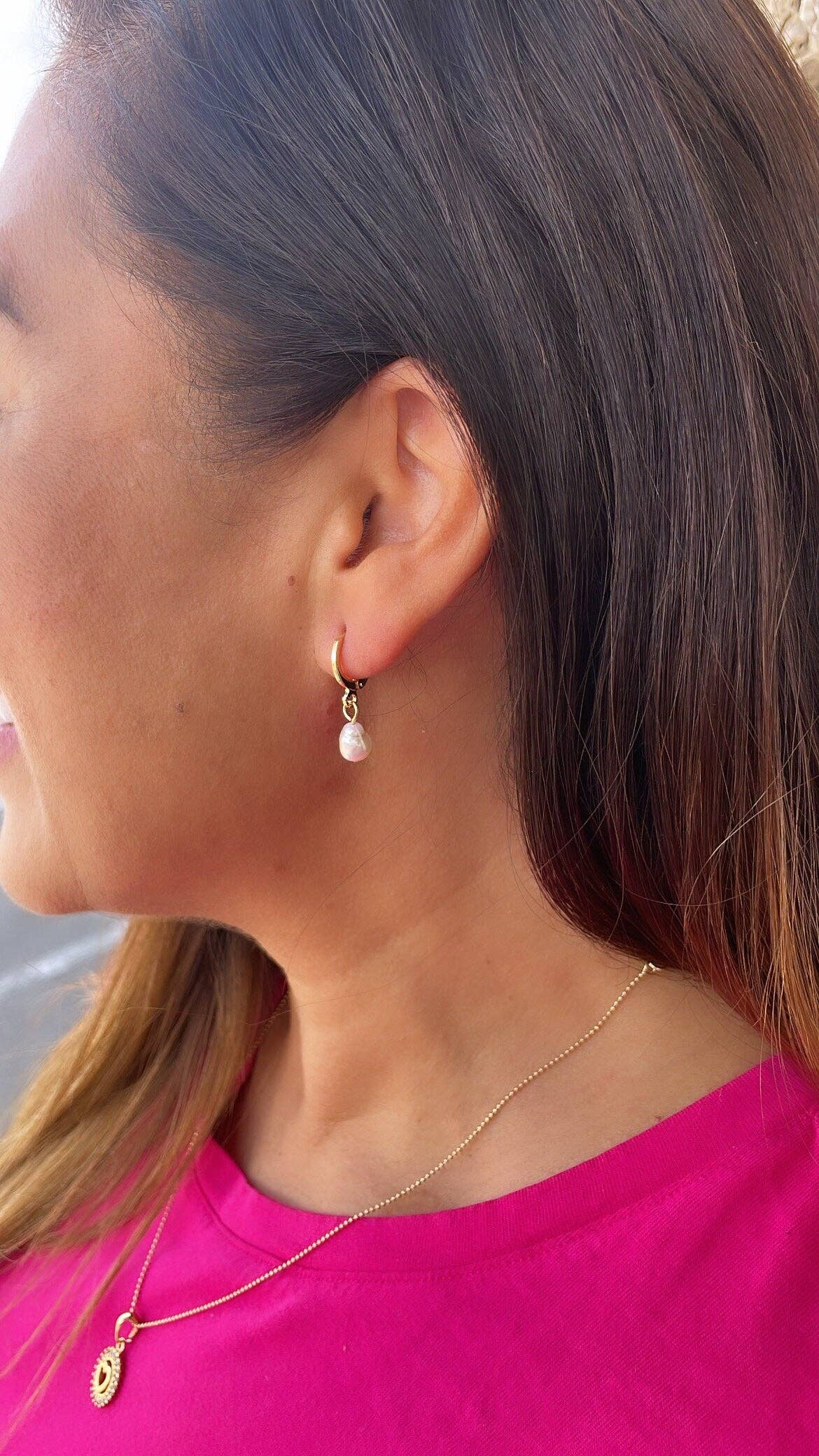 18k Gold Filled Dainty Dangling Hoop With Small Pearl Charm
