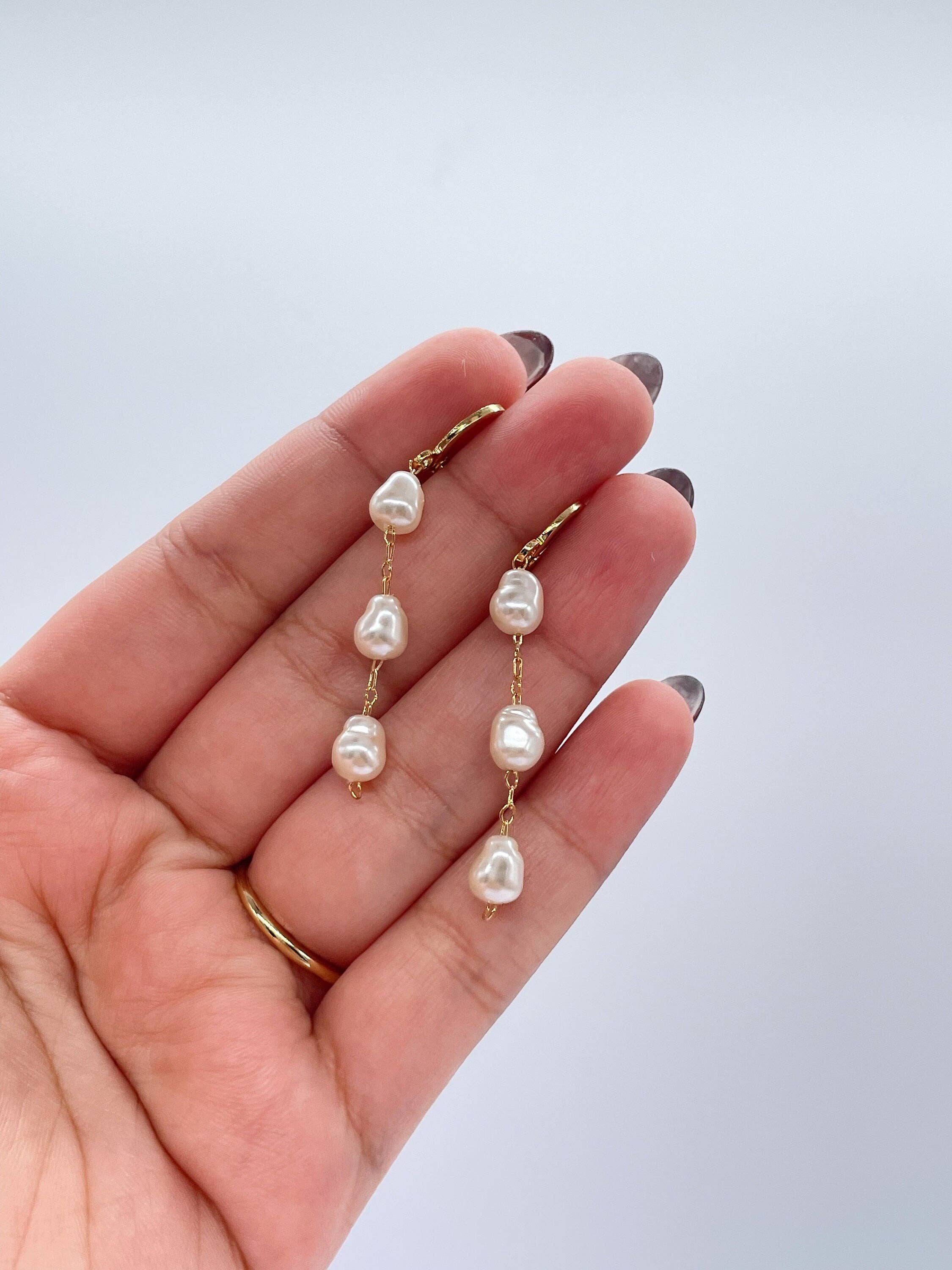 18k Gold Filled Dainty Hoops With 3 Small Faux Pearl Charms,