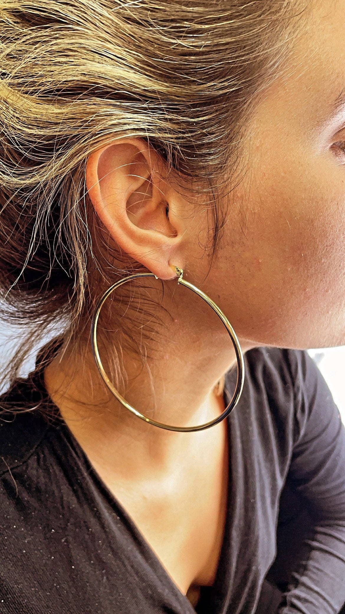 80mm Diameter 18k Gold Filled Thin Thread Hoop Earrings, Large Gold Plain