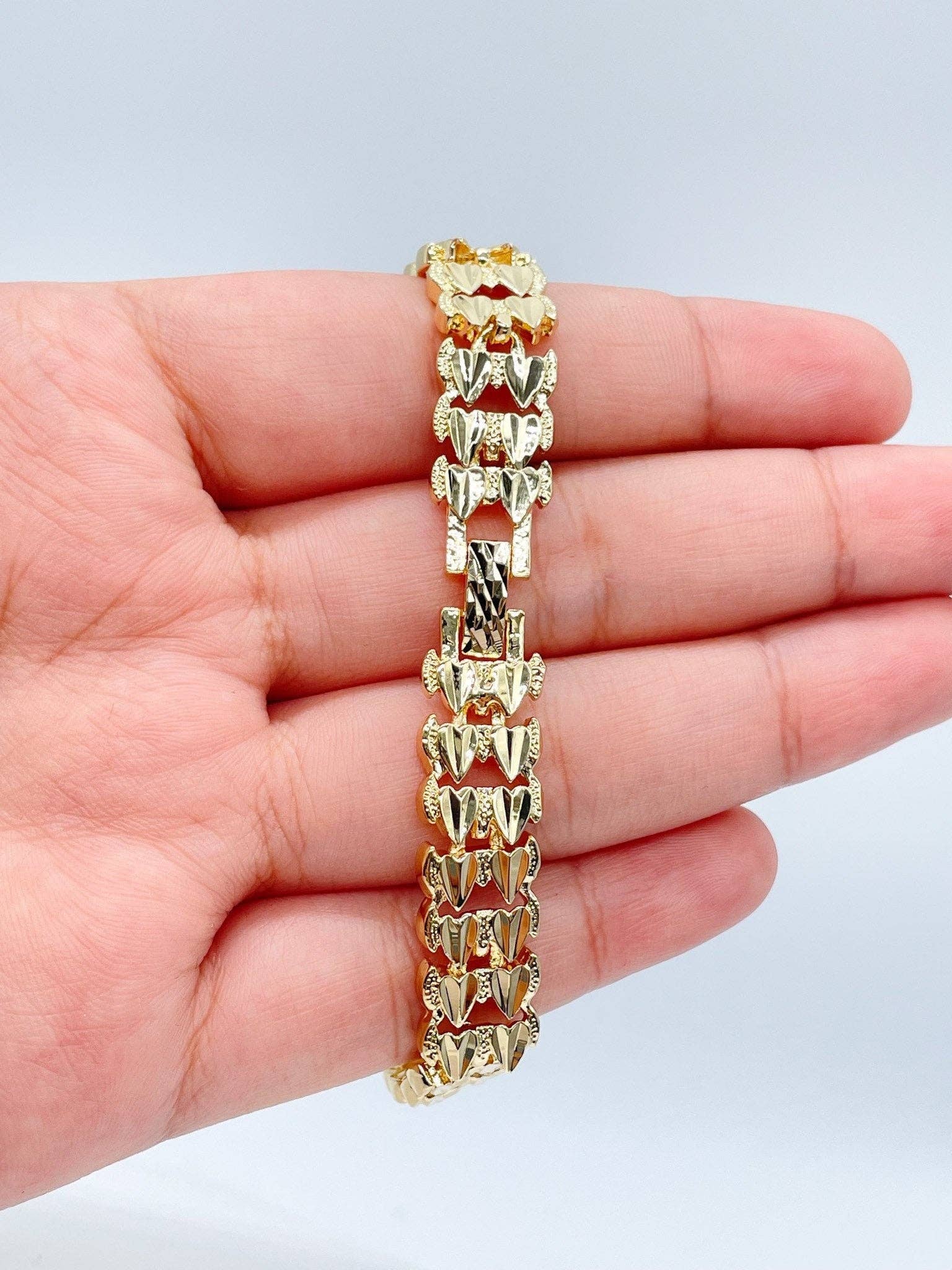 Vintage Diamond Cut Style 18k Gold Filled Thick Double Row of Hearts Bracelet