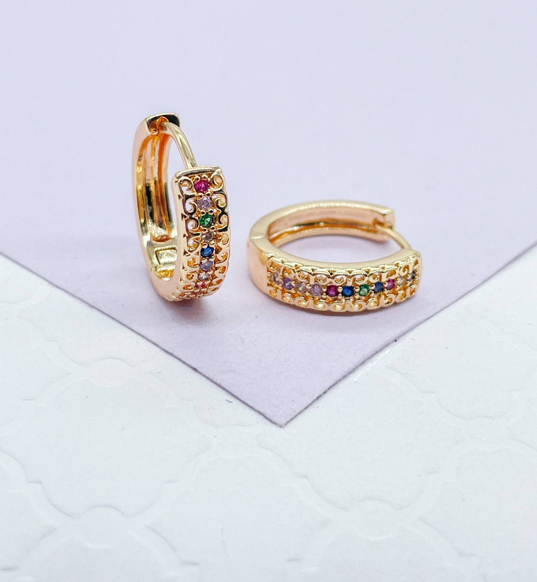 18k Gold Filled Colorful Pave Huggie Hoop Earrings