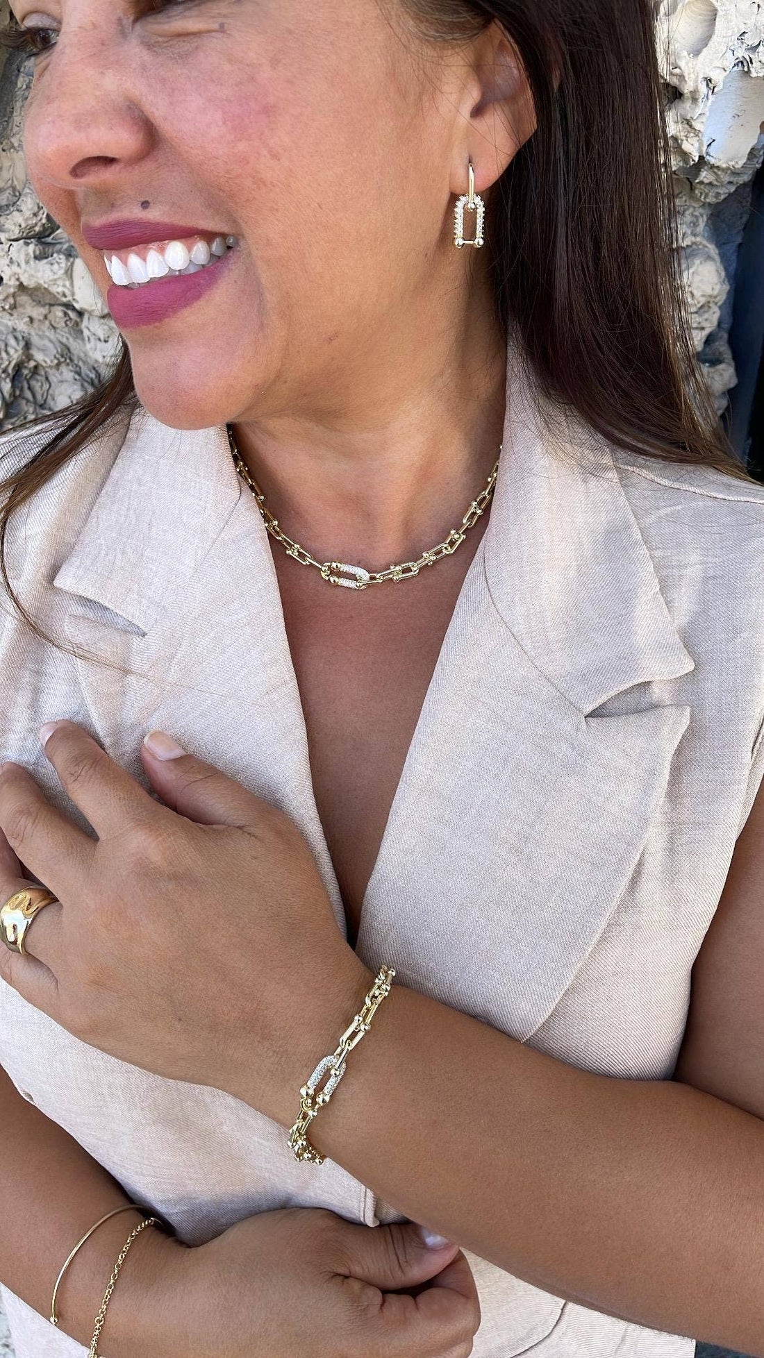 18k Gold Filled Bone With Cz Pave Necklace and Bracelet: Bracelet
