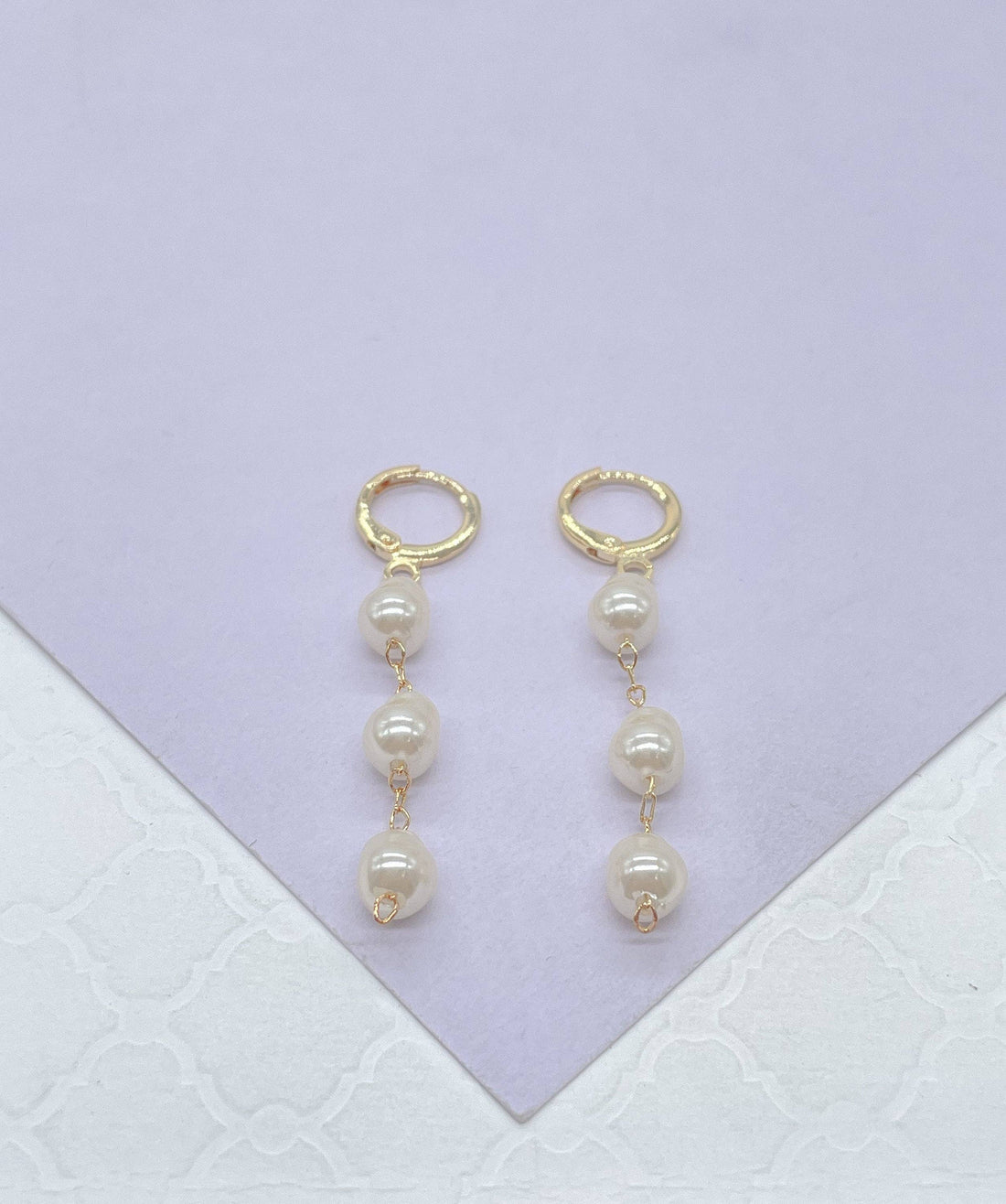 18k Gold Filled Dainty Hoops With 3 Small Faux Pearl Charms,
