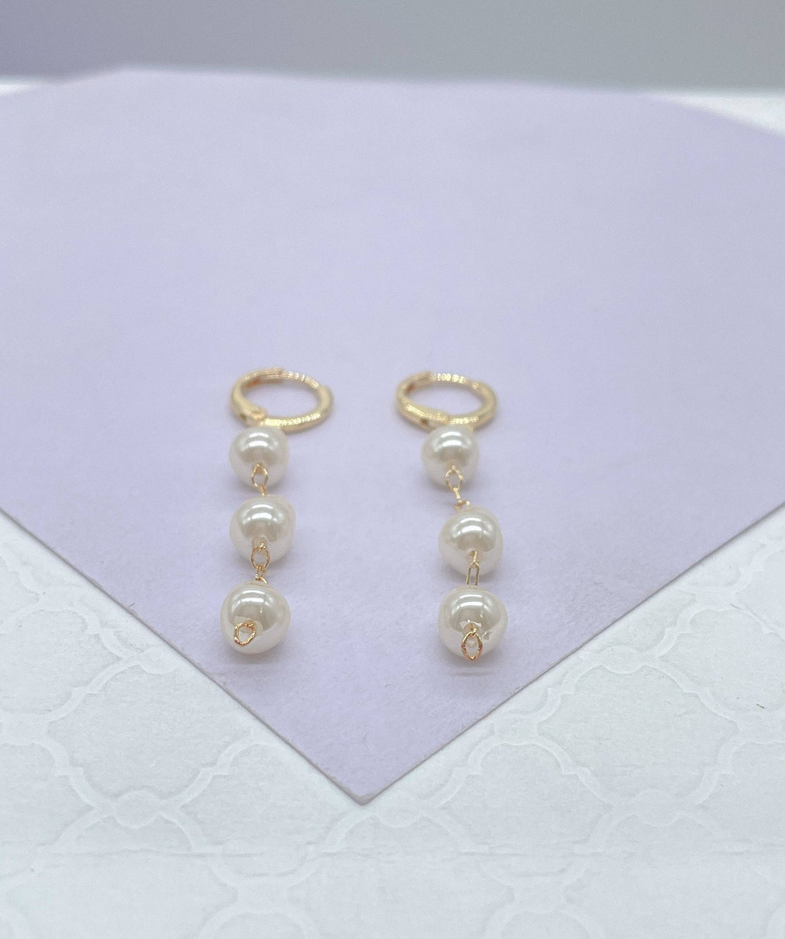 18k Gold Filled Dainty Hoops With 3 Small Faux Pearl Charms,
