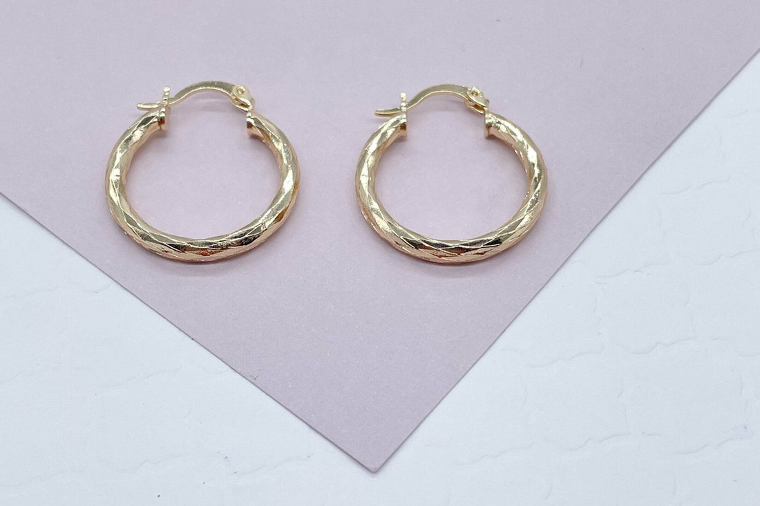 18k Gold Filled Small Diamond Textured Hoops Earrings