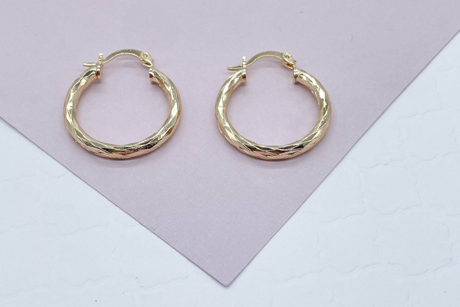 18k Gold Filled Small Diamond Textured Hoops Earrings