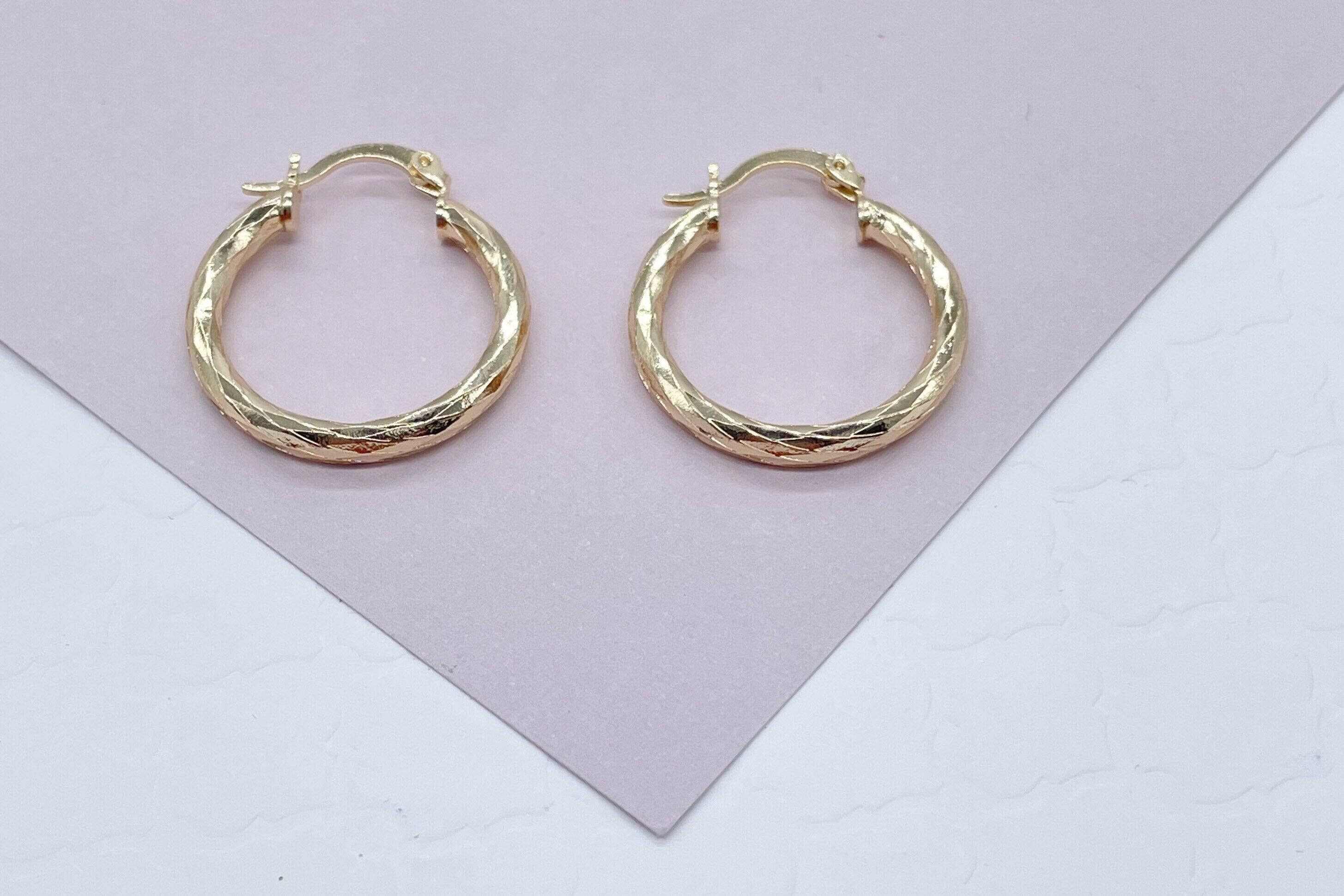 18k Gold Filled Small Diamond Textured Hoops Earrings