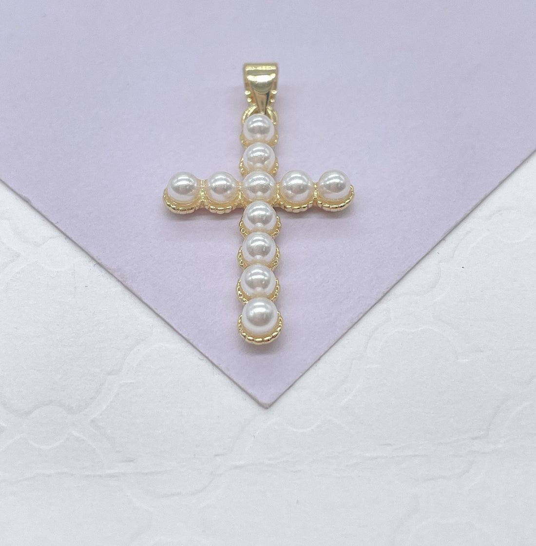 18k Gold Filled Beaded Faux Pearl Cross, Available In 2 Sizes: 3mm Pearl Cross