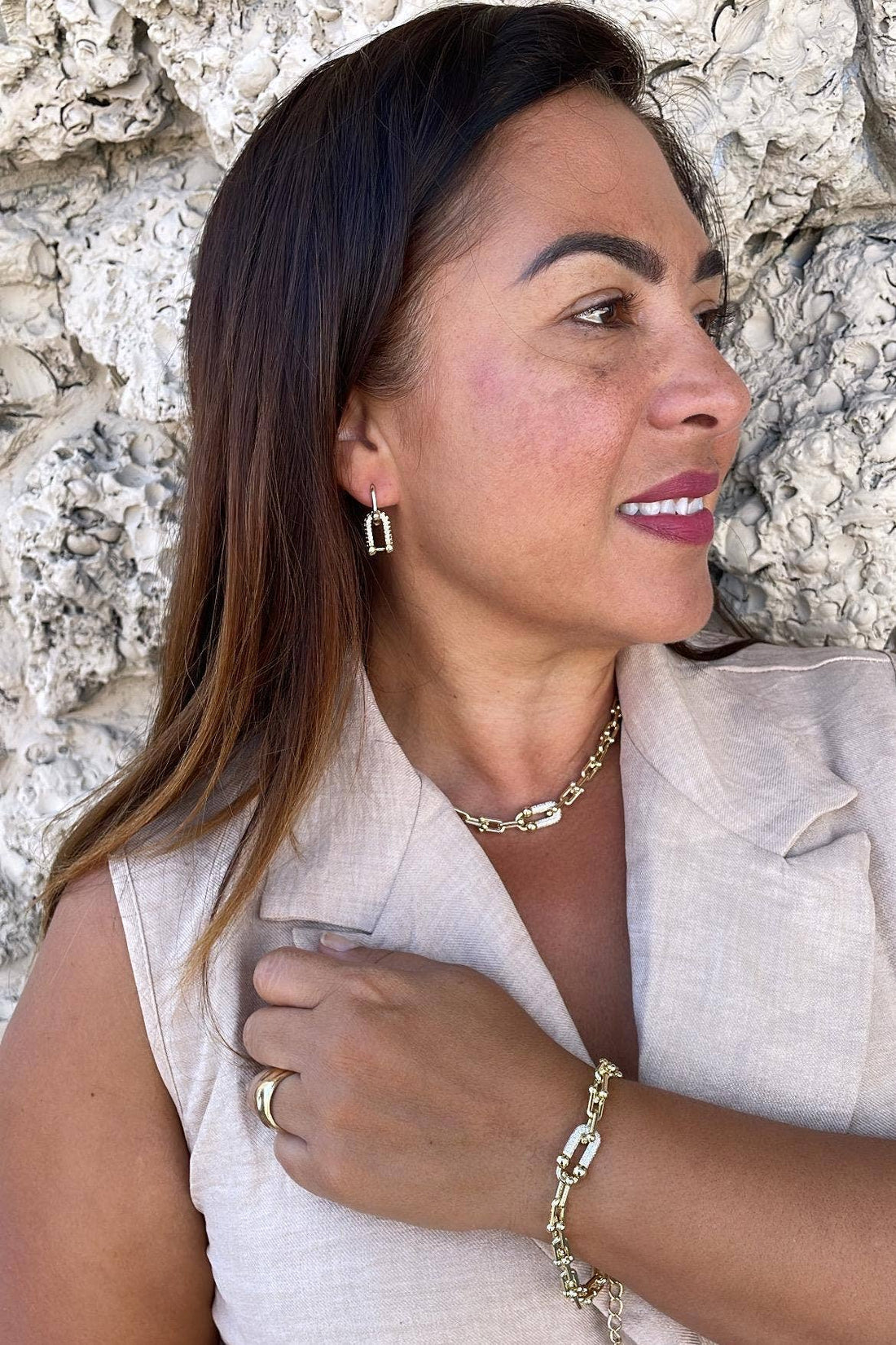 18k Gold Filled Bone With Cz Pave Necklace and Bracelet: Necklace