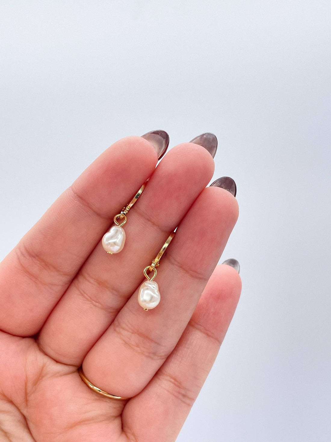 18k Gold Filled Dainty Dangling Hoop With Small Pearl Charm