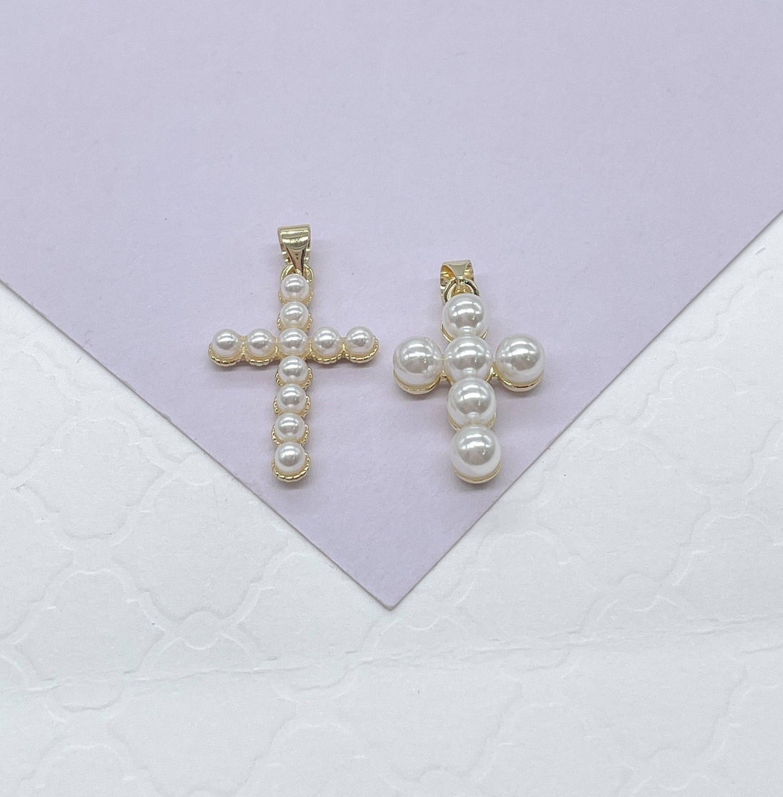 18k Gold Filled Beaded Faux Pearl Cross, Available In 2 Sizes: 3mm Pearl Cross