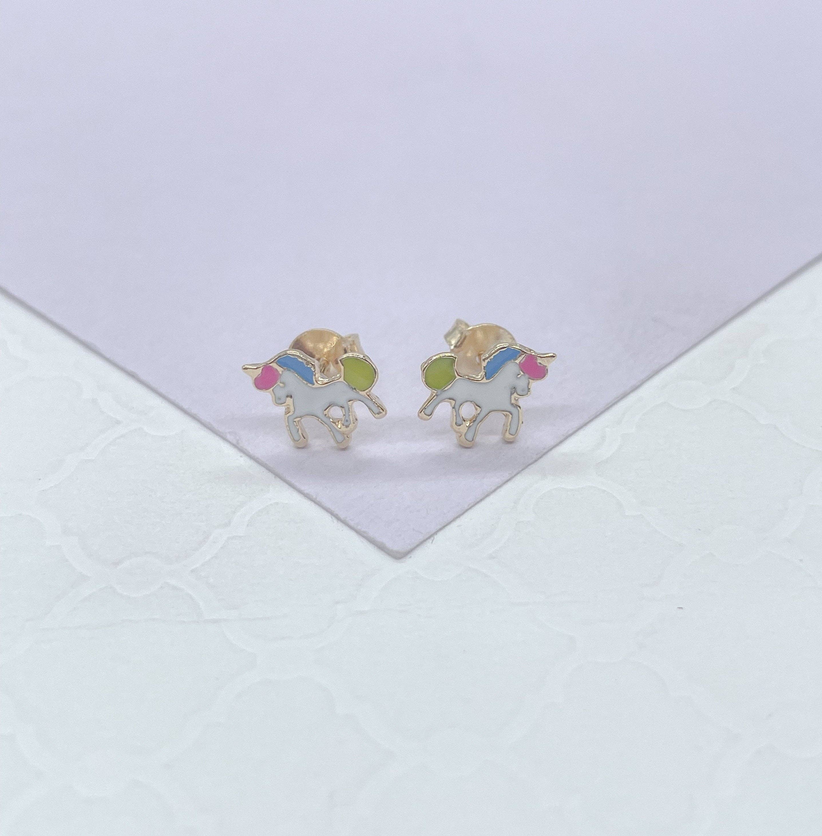 18k Gold Filled Enamel Colorful Unicorn Stud Earring, Childr